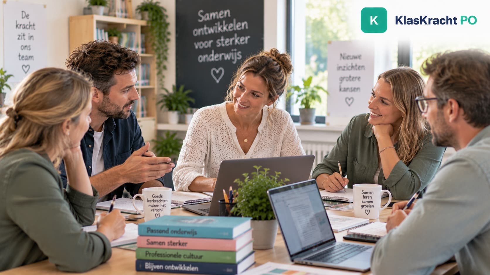 Leerkrachten in overleg aan een tafel