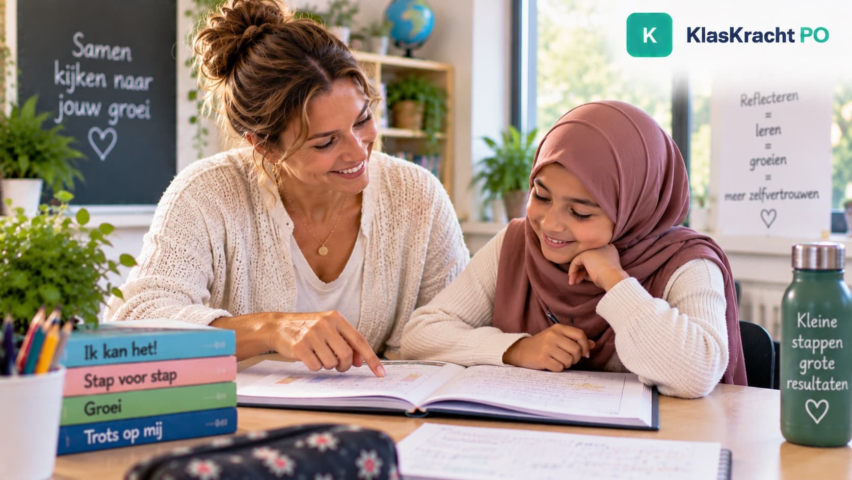 Leerkracht kijkt met een leerling terug op het gemaakte werk
