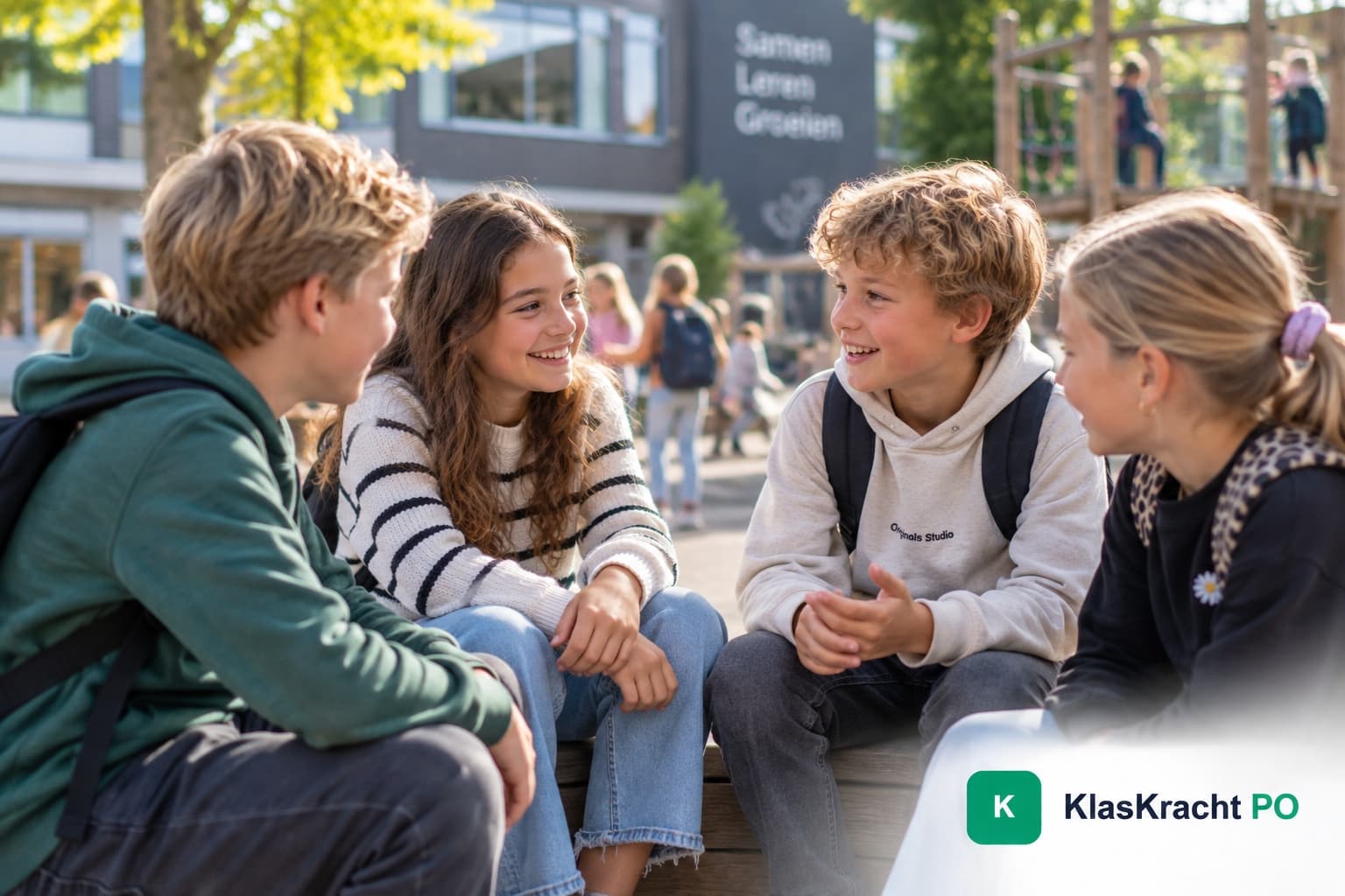 Leerlingen praten samen op het schoolplein